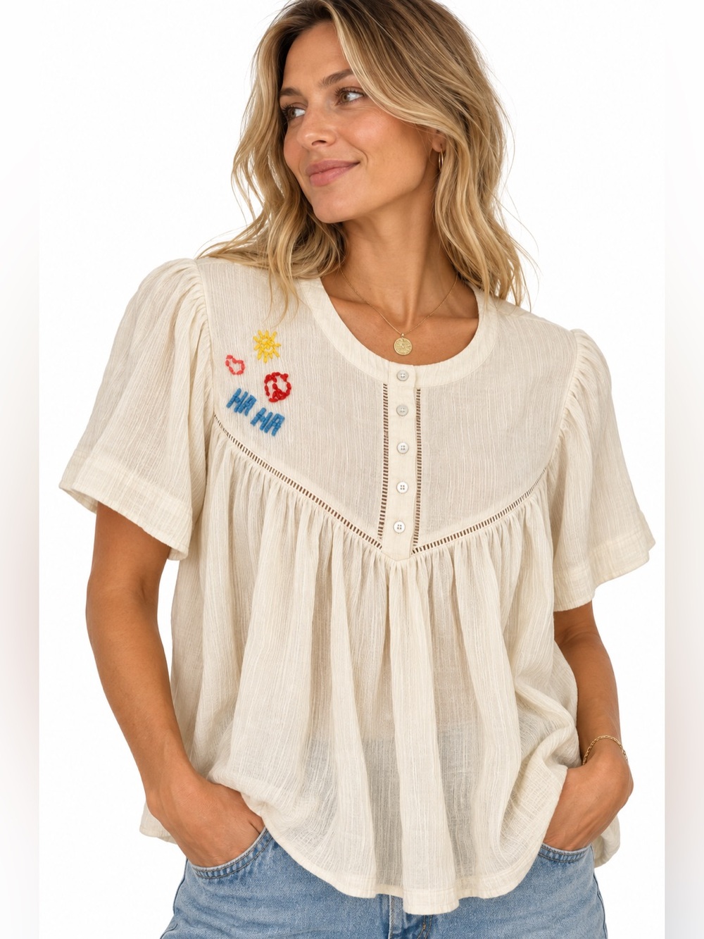 MOTHER Giggler Short-Sleeve Embroidered Top